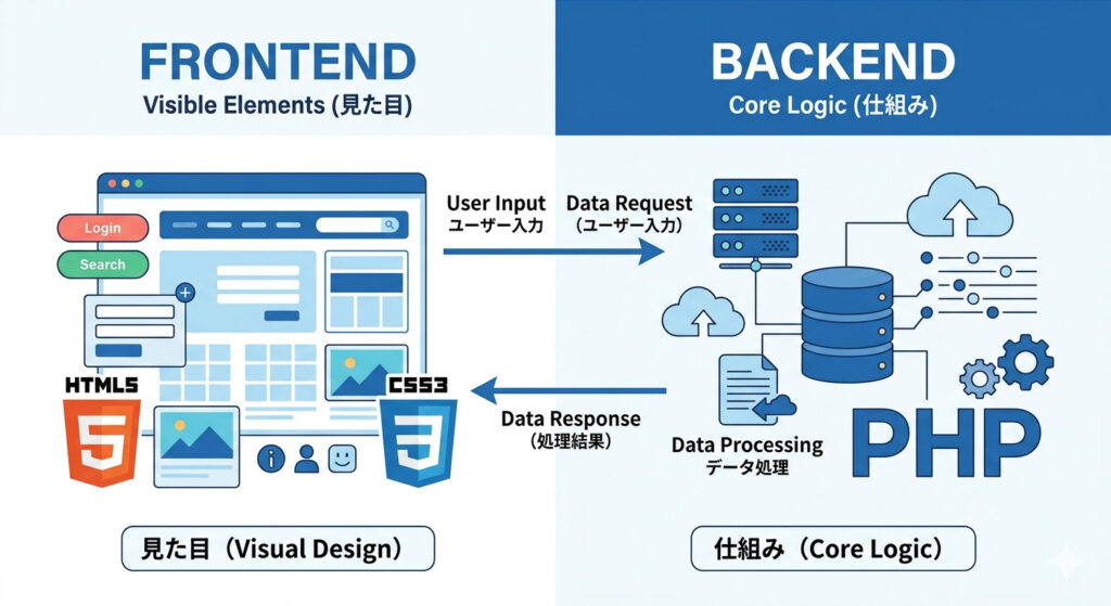 フロントエンドとバックエンドの役割の違い（PHPとHTML/CSS）